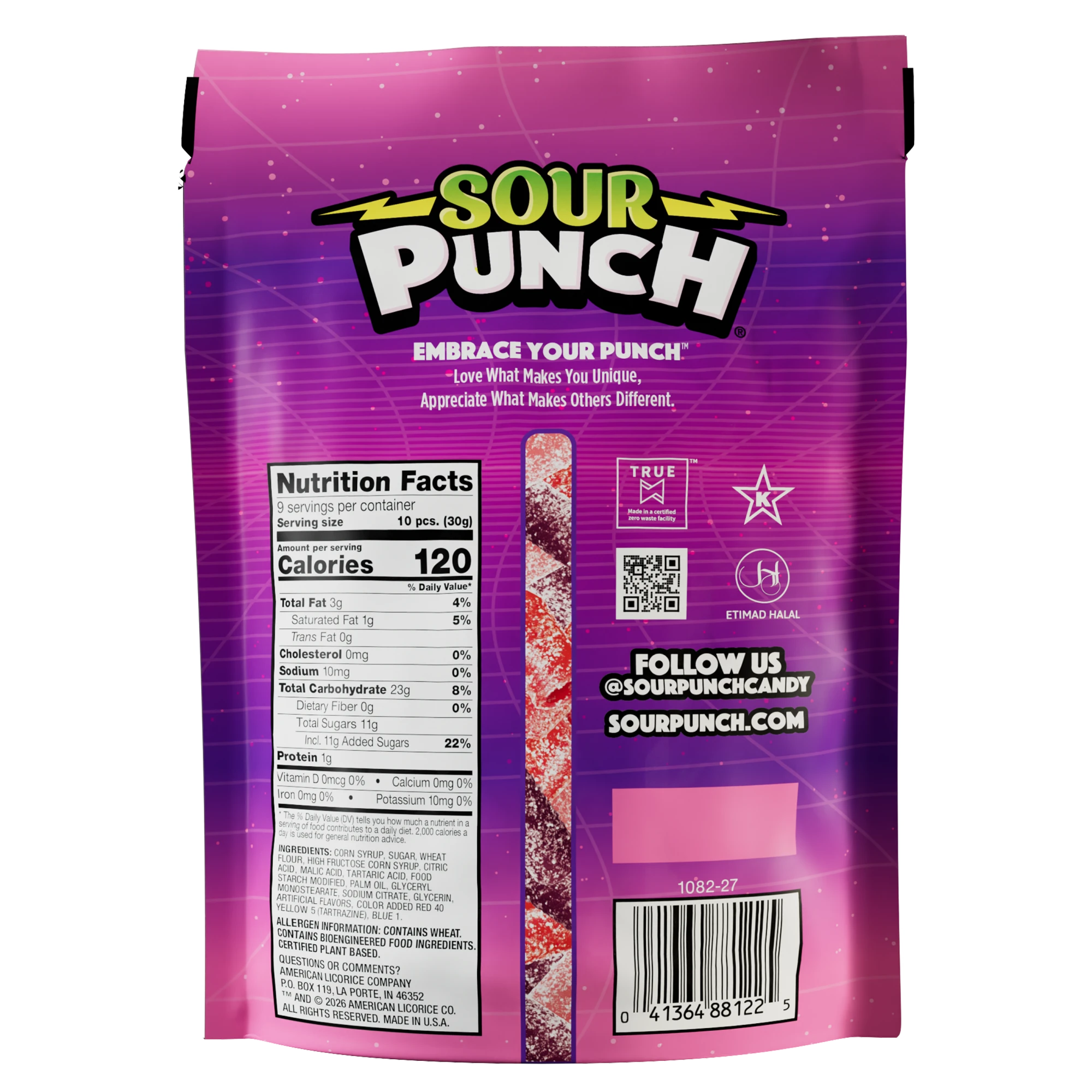 Back of SOUR PUNCH Rad Reds Valentine's Day Candy Bites 9oz bag