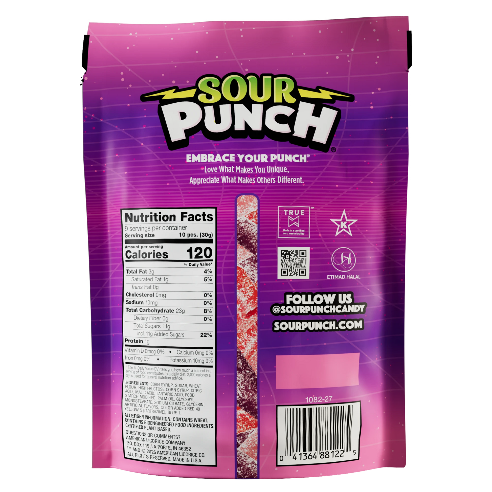 Back of SOUR PUNCH Rad Reds Valentine's Day Candy Bites 9oz bag