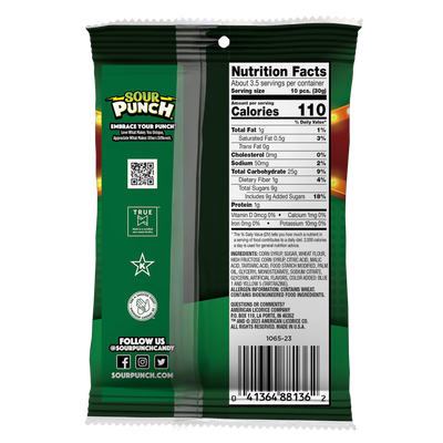Back of Sour Punch Pickle Roulette Bites candy in a 3.7oz bag with a nutritional facts label