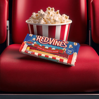 Red Vines Buttered Popcorn & Original Red Twists with fresh popcorn on a movie theater seat