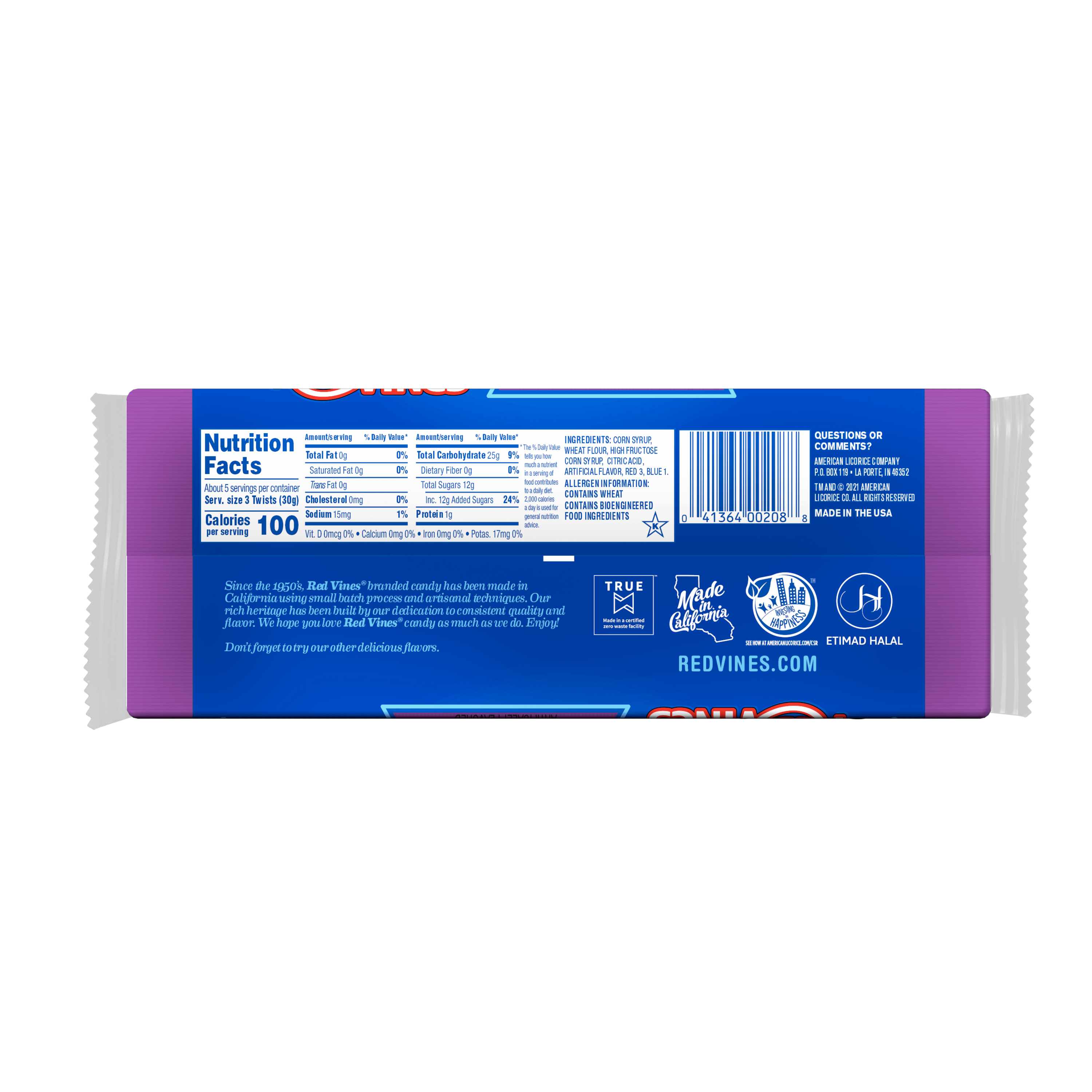 Back of RED VINES Grape Licorice Twists 5oz tray