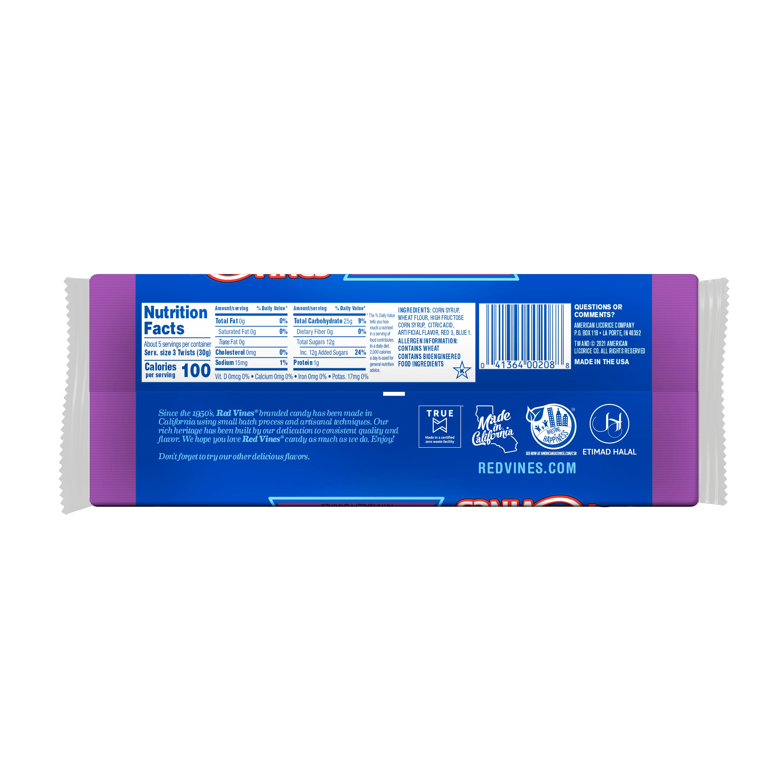 Back of RED VINES Grape Licorice Twists 5oz tray