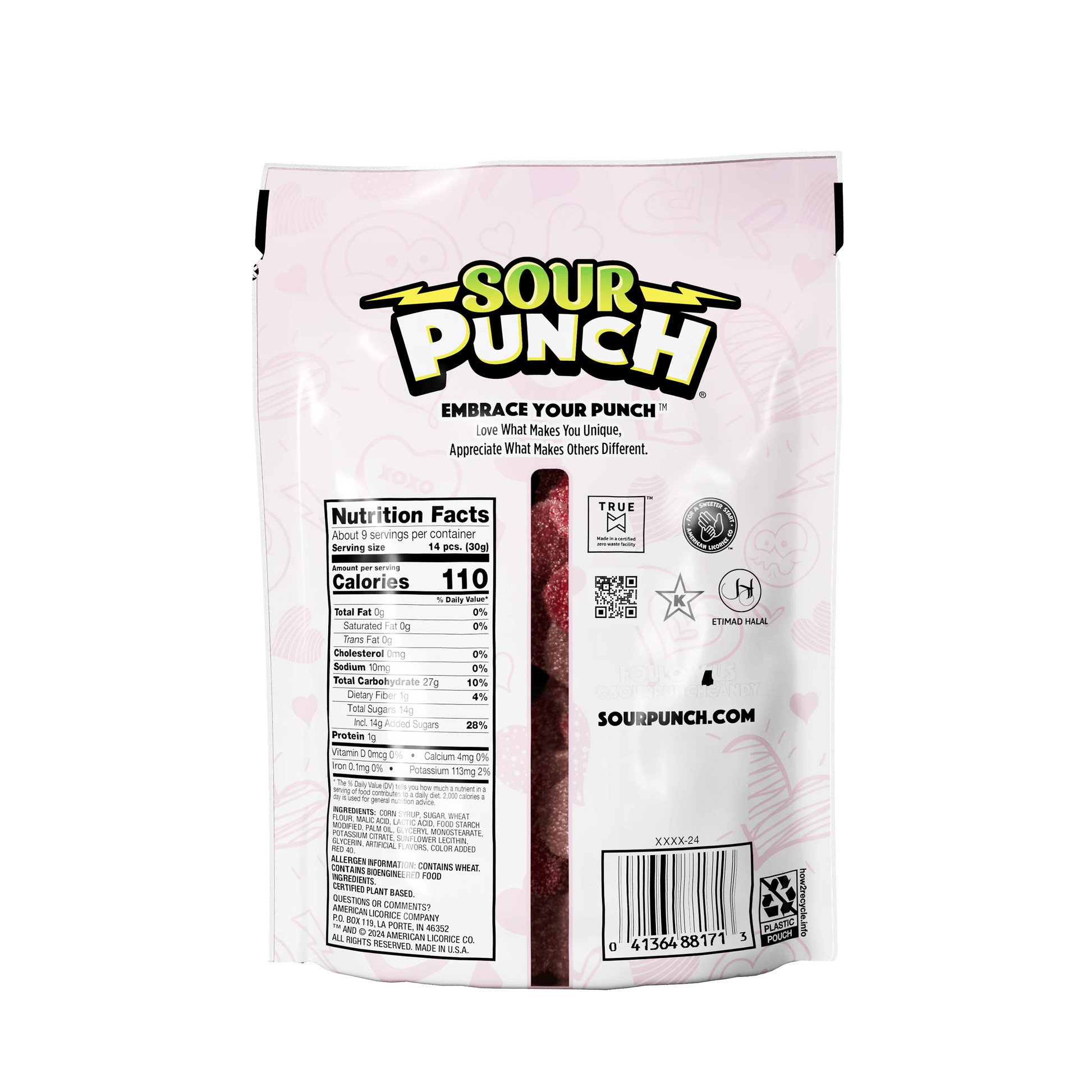 Back of Sour Punch Hearts Valentine's Day Candy 9oz Bag