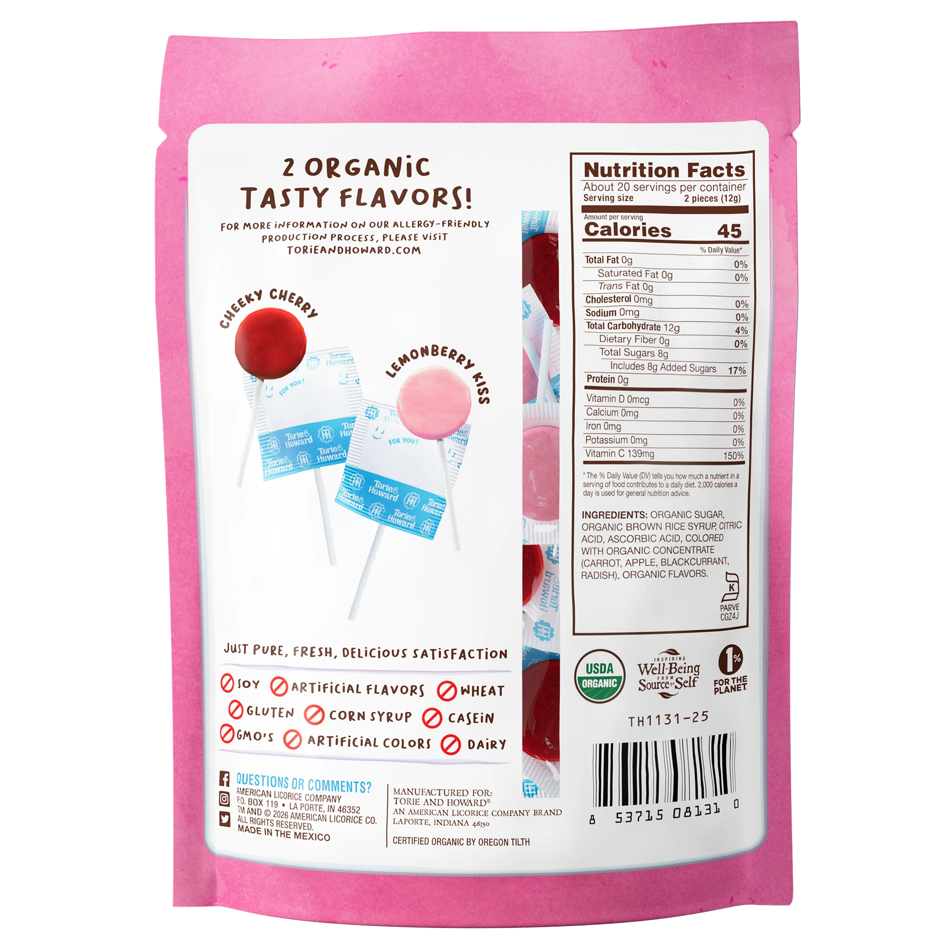 Organic Valentine's Candy Lollipops by Torie & Howard - Back of 8.7oz Bag