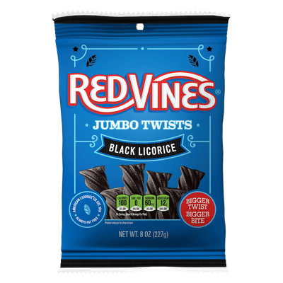 Front of RED VINES Black Licorice Jumbo Twists Candy 8oz bag