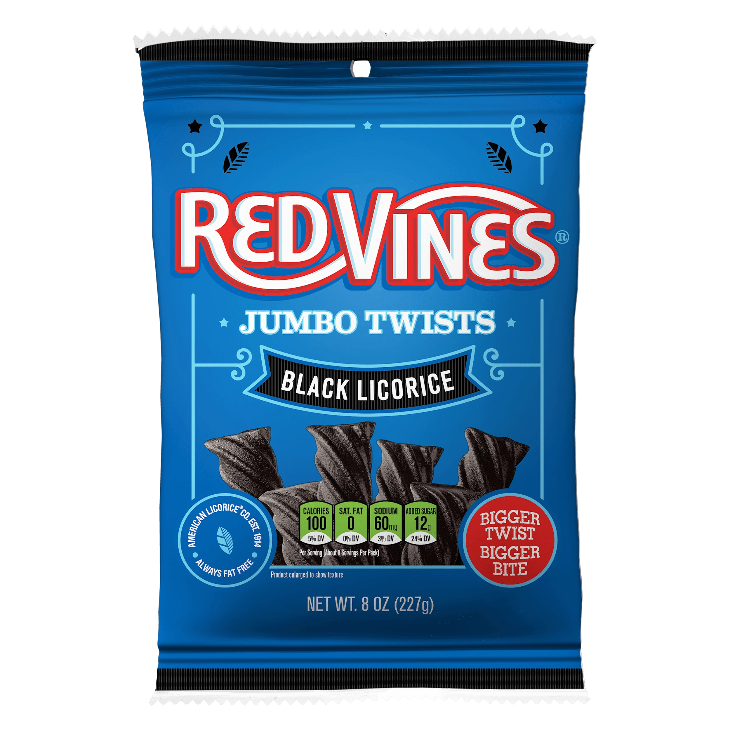 Front of RED VINES Black Licorice Jumbo Twists Candy 8oz bag