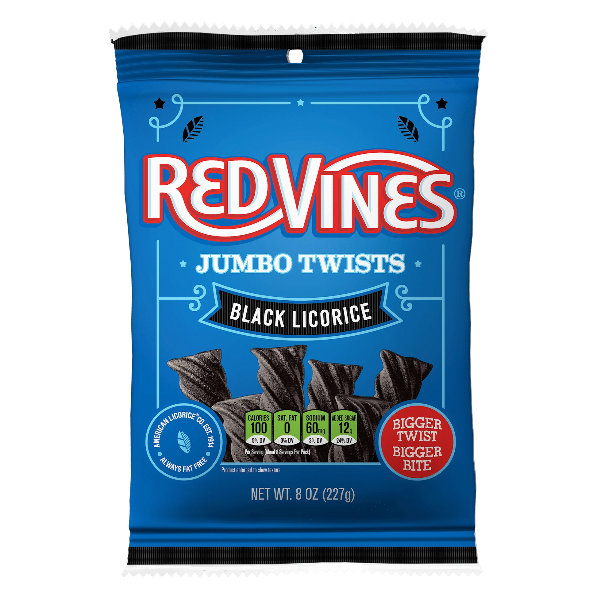 Front of RED VINES Black Licorice Jumbo Twists Candy 8oz bag