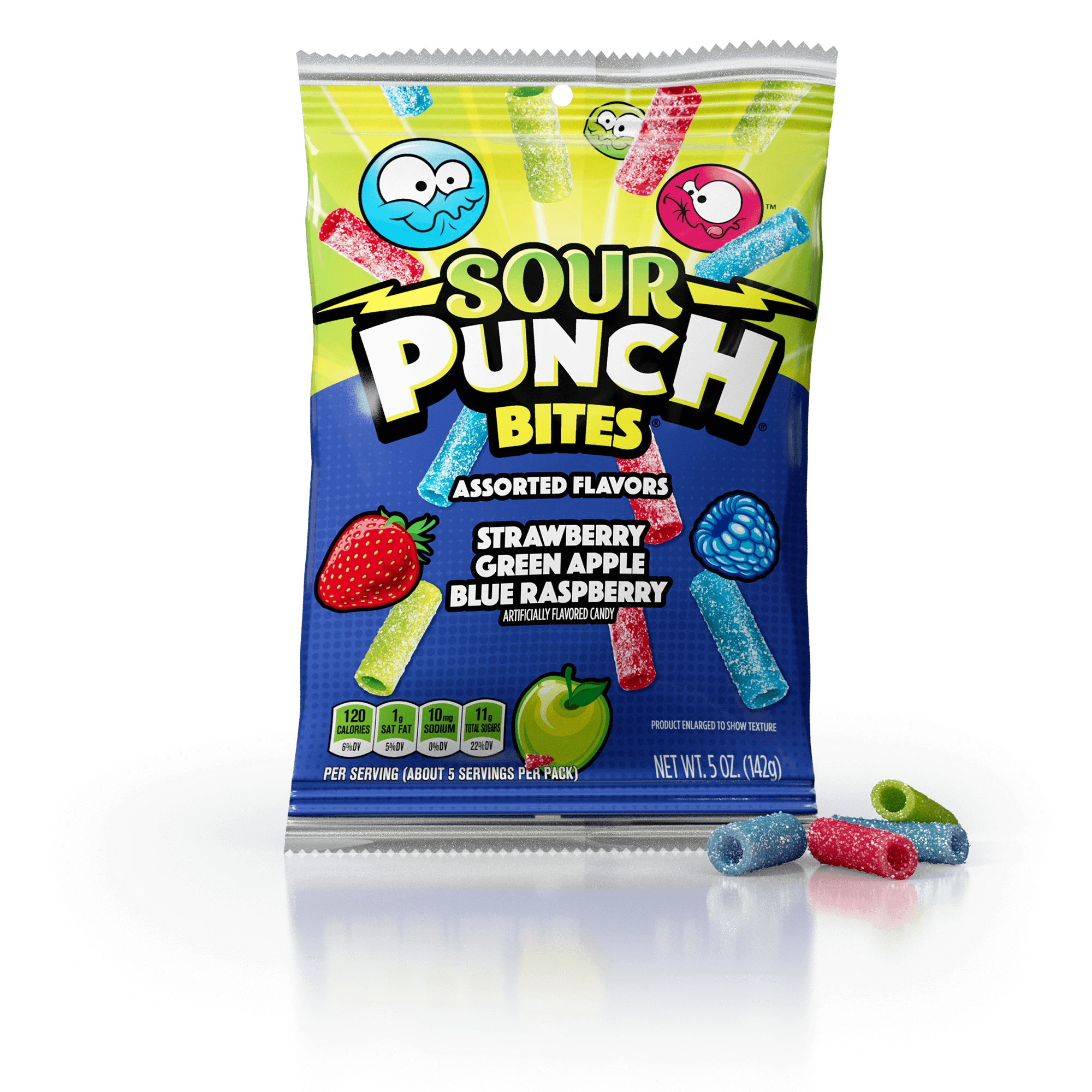 Sour Punch Assorted Bites Bag with red, blue, and green sour candy bites in front