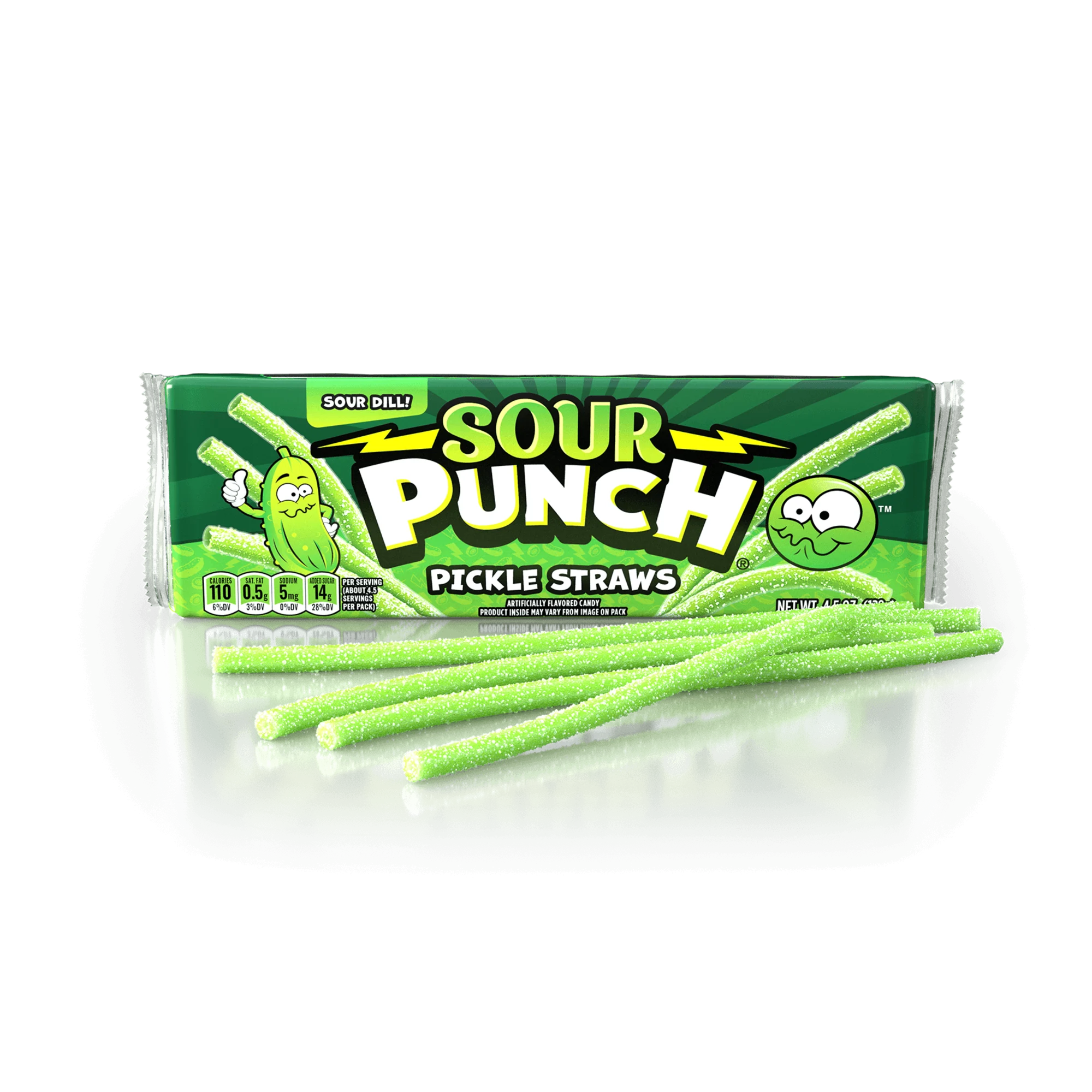 Sour Punch Pickle Straws 4.5oz Tray with green novelty candy straws in front