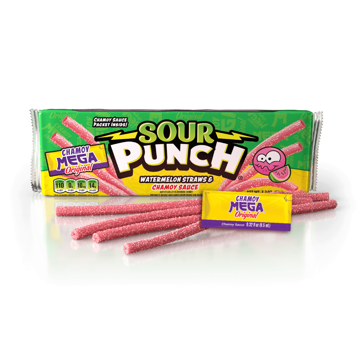 Sour Punch Watermelon Straws with Mega Chamoy Original Sauce 3.2oz Tray with raw watermelon candy straws in front of pack