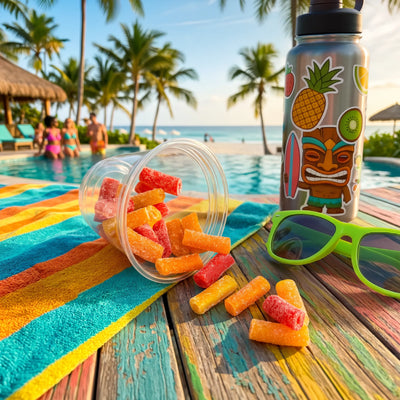 Tropical candy bites pouring out of a snack cup poolside next to sunglasses and a water bottle covered in stickers.