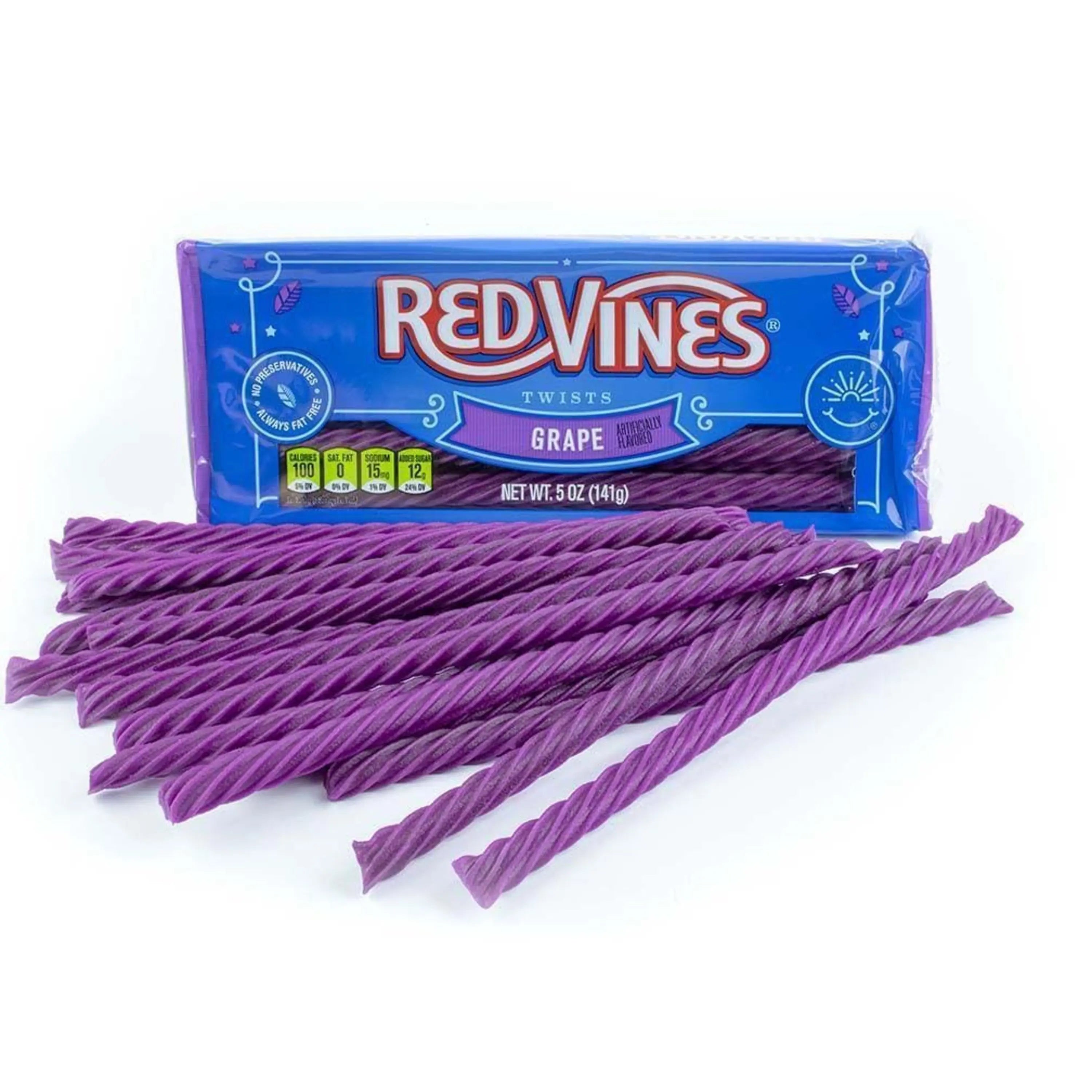 RED VINES Grape Licorice Twists 5oz tray with candy in front