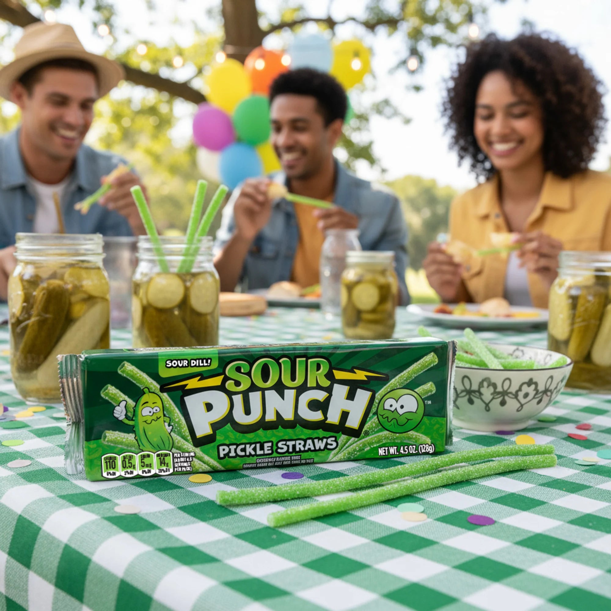 Outdoor picnic with three smiling people enjoying snacks. Focus on Sour Punch Pickle Straws on a green checkered tablecloth, set near pickle jars and colorful balloons.