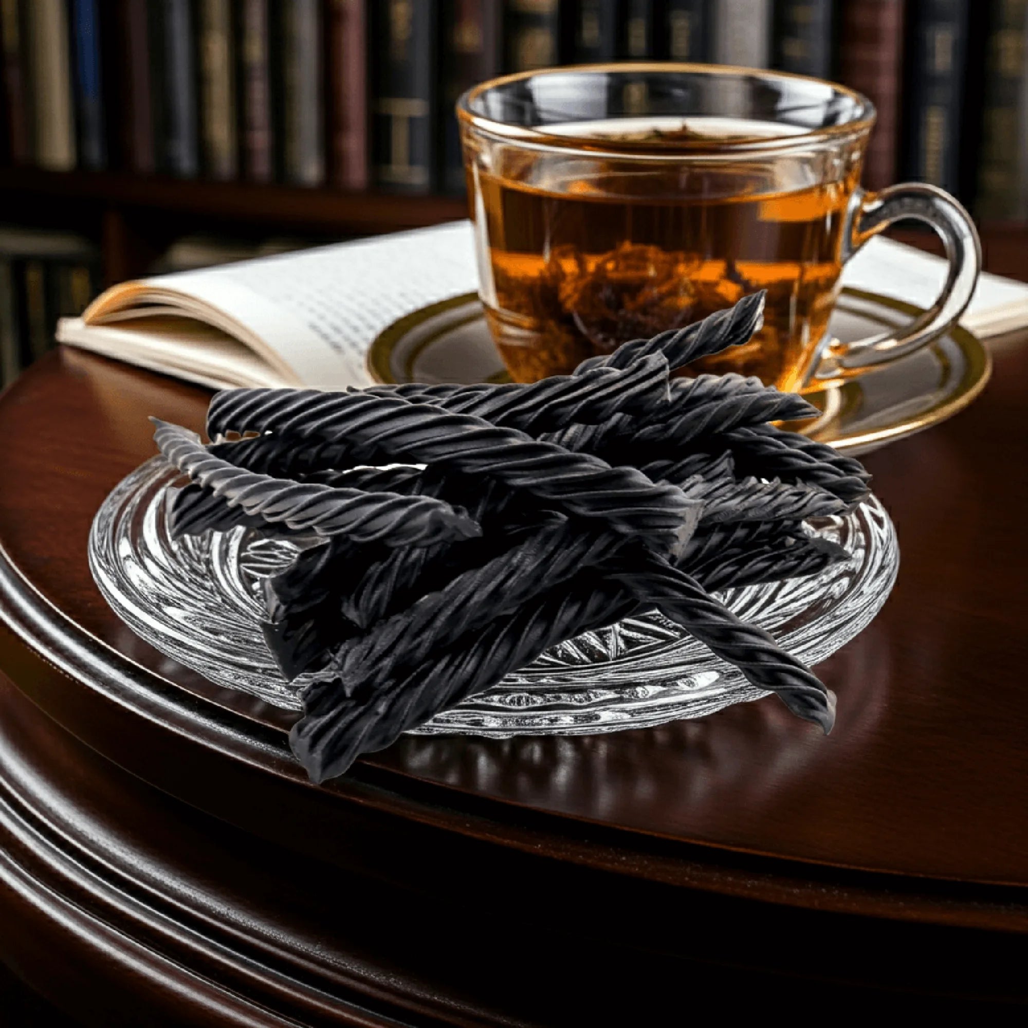 A pile of black licorice candy in front of a cup of tea and book