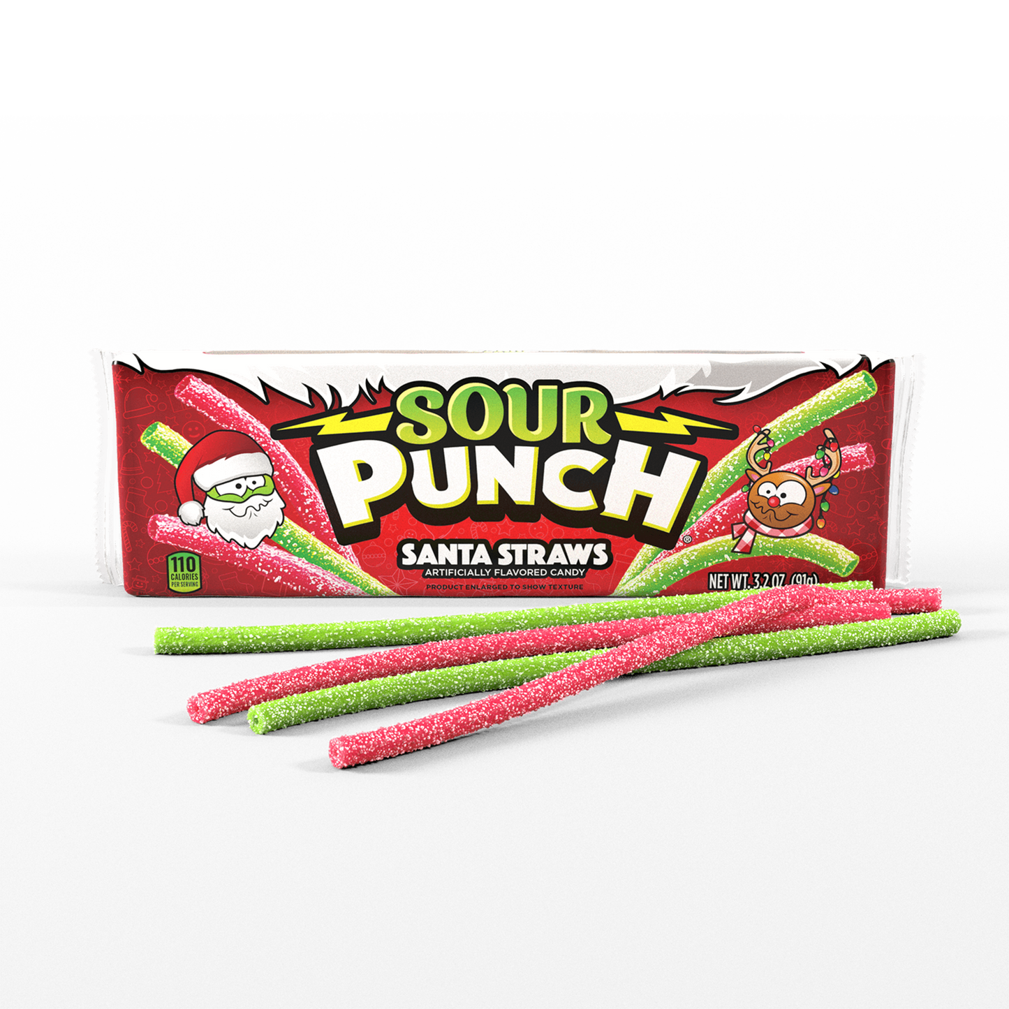 Green and red Sour Punch Straws in front of holiday Santa packaging