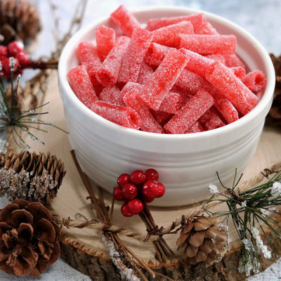 Sour Strawberry Bites Candy in a festive bowl