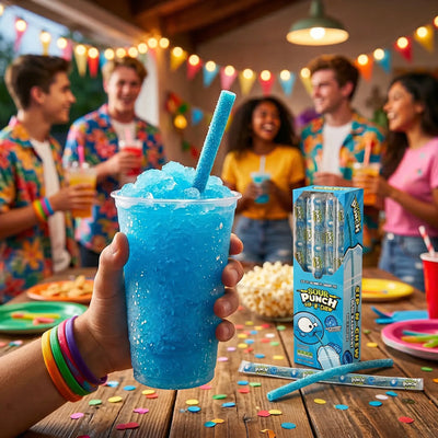 Blue slushy drink with a sour candy straw held by a hand, surrounded by people at a party.