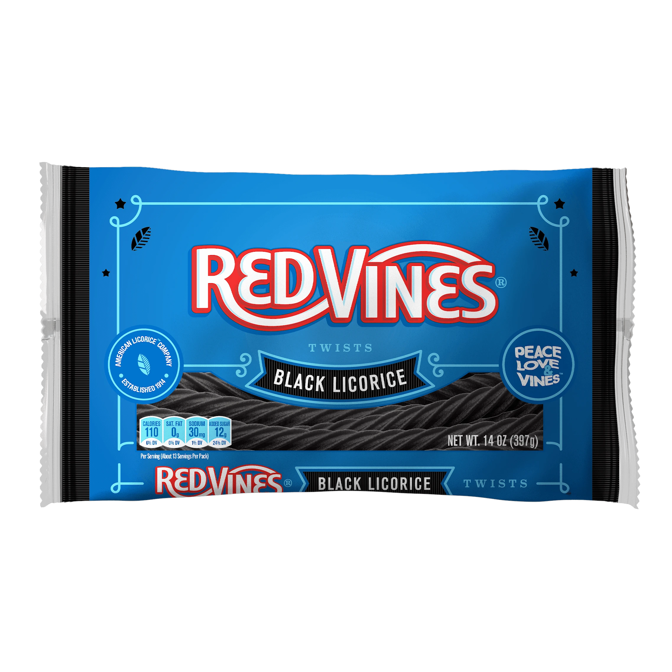 RED VINES Black Licorice Twists front of 14oz bag