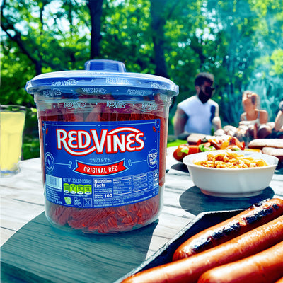 Red Vines Jar on a picnic table during a Memorial Day celebration