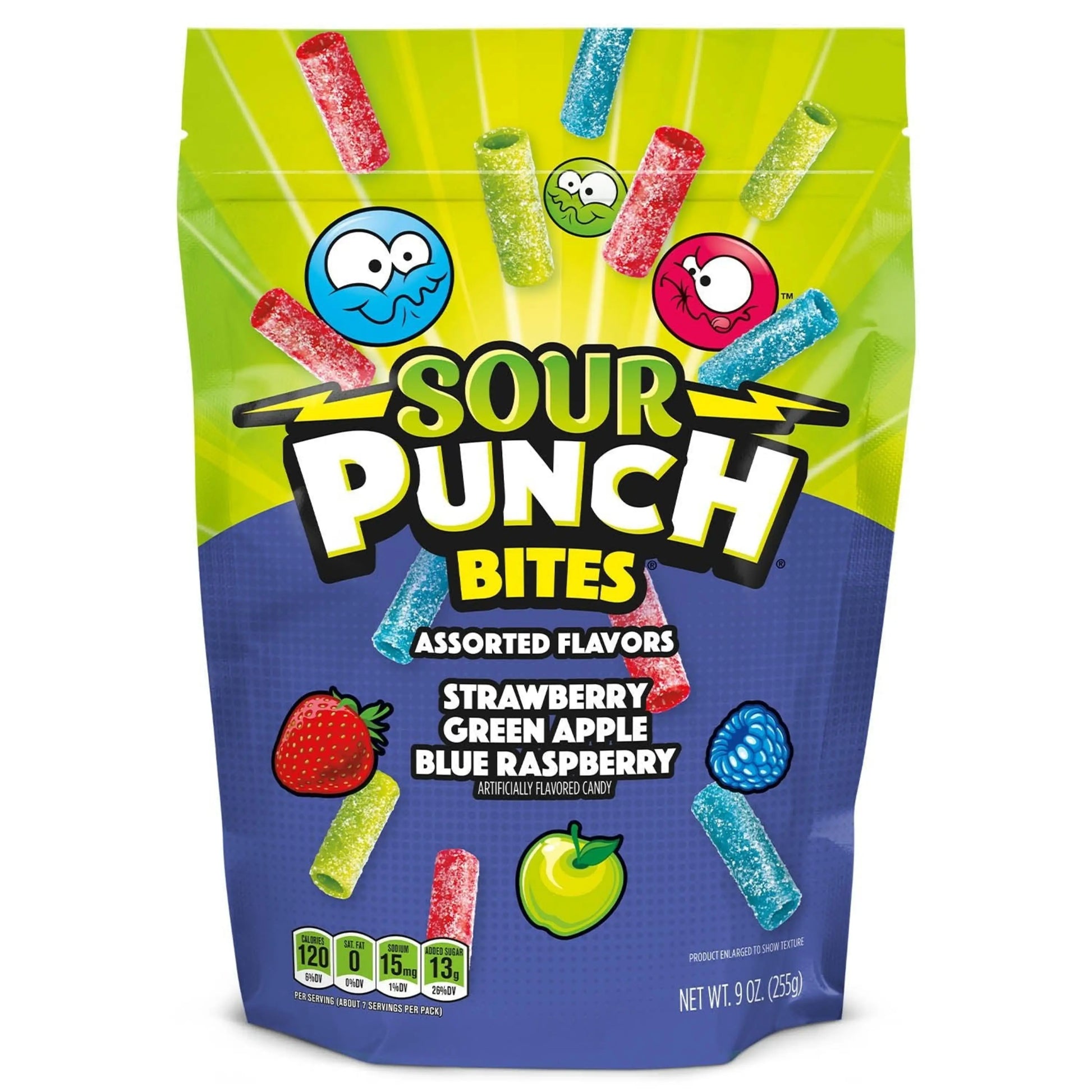 SOUR PUNCH Assorted Candy Bites, Assorted Sour Candy, Front of 9oz Bag