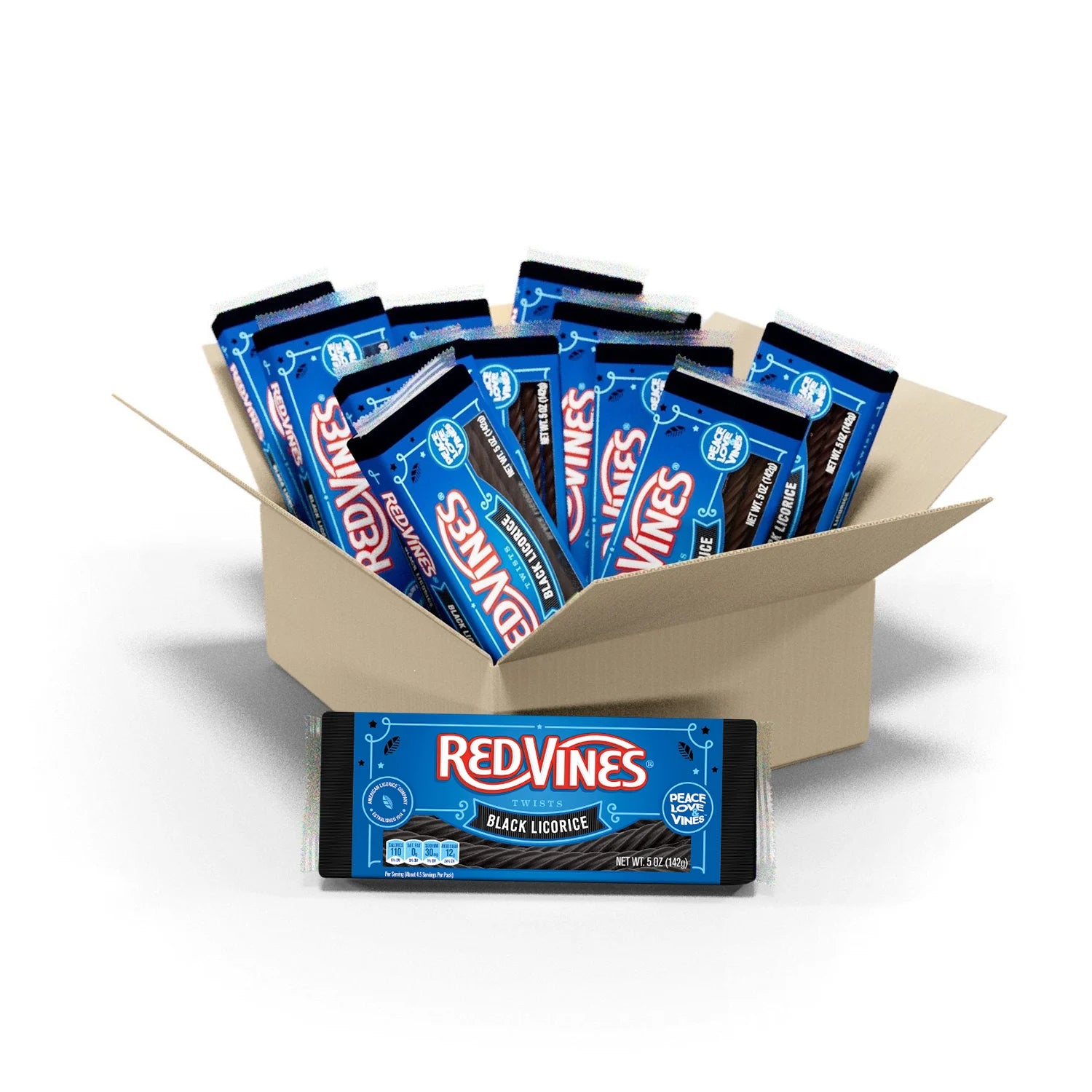 12 count box of RED VINES Black Licorice Twists 5oz Trays