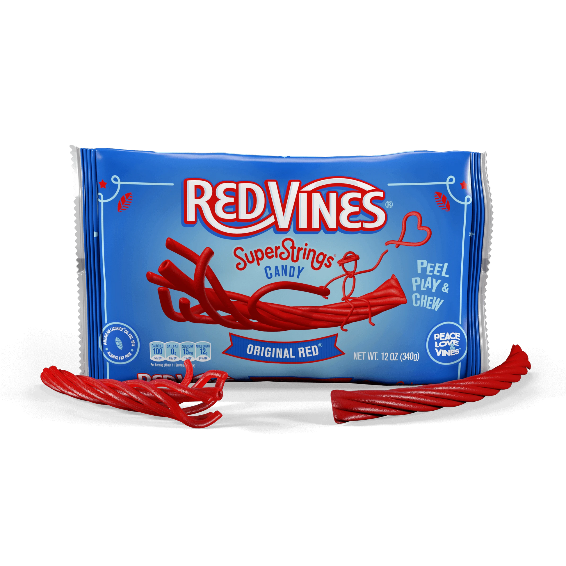 RED VINES SuperStrings front of 12oz bag with peelable red licorice pieces in front