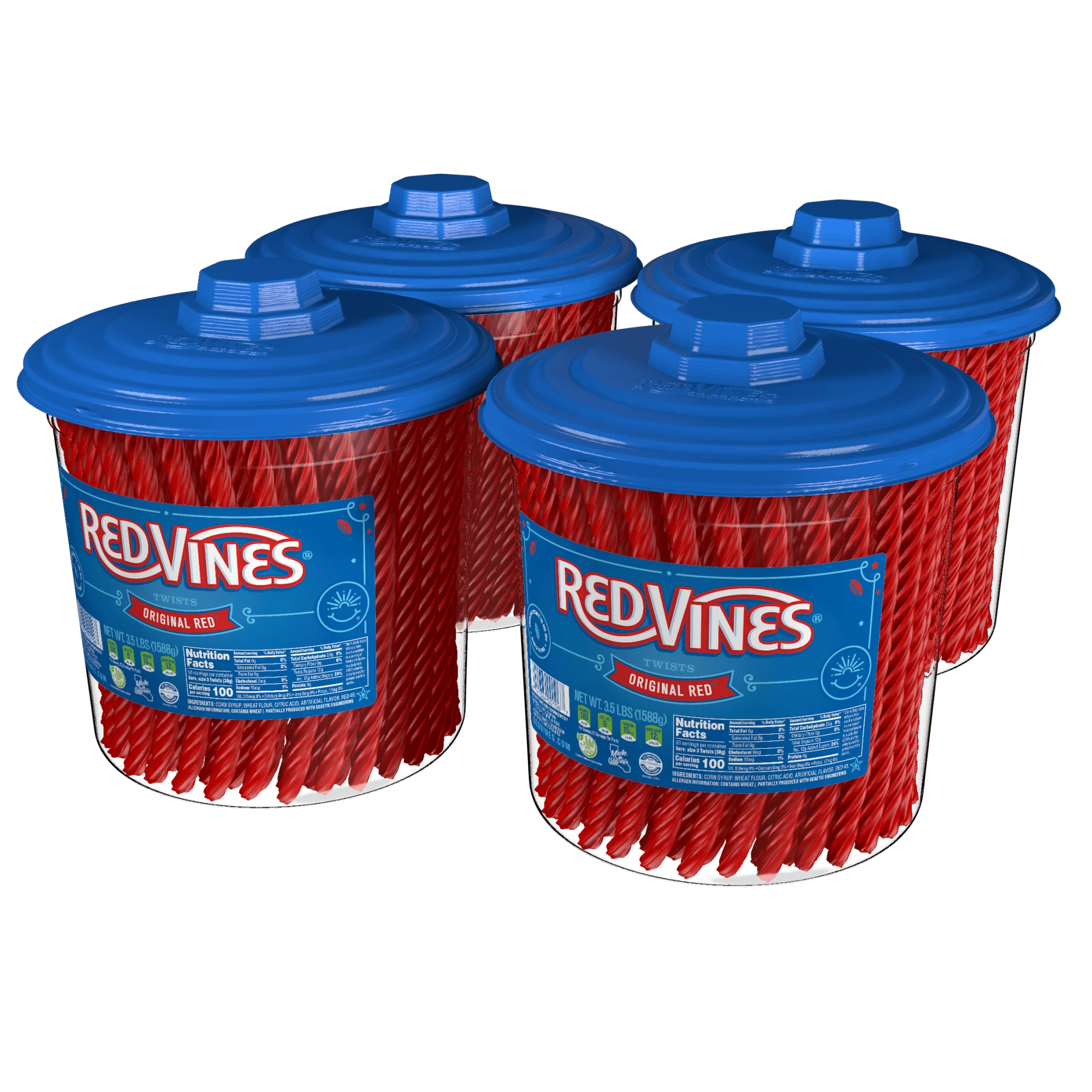Four 3.5lb RED VINES Original Red Licorice Candy Jars