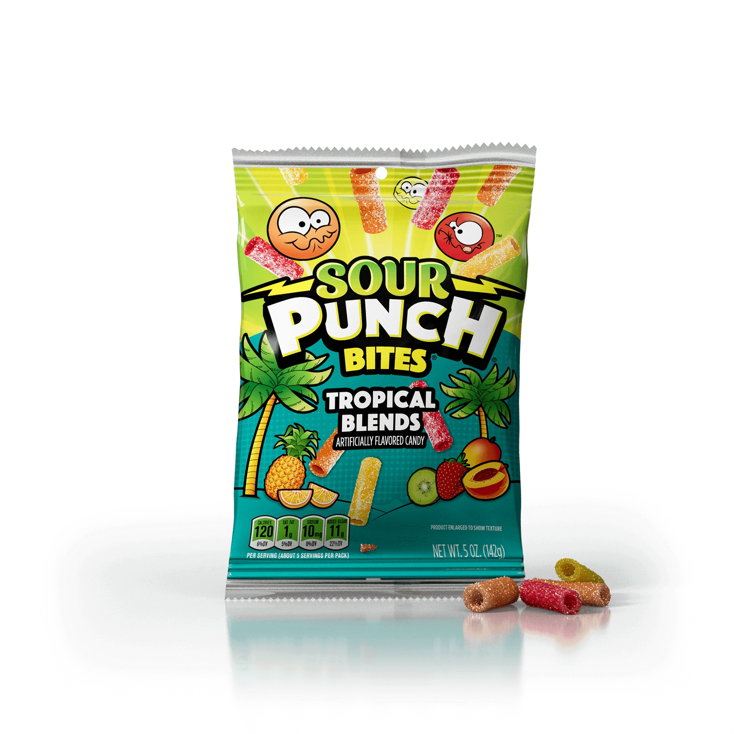 Sour Punch Tropical Blends bag with orange Peach Mango, yellow Orange Pineapple, and red Kiwi Strawberry bite size candies in front