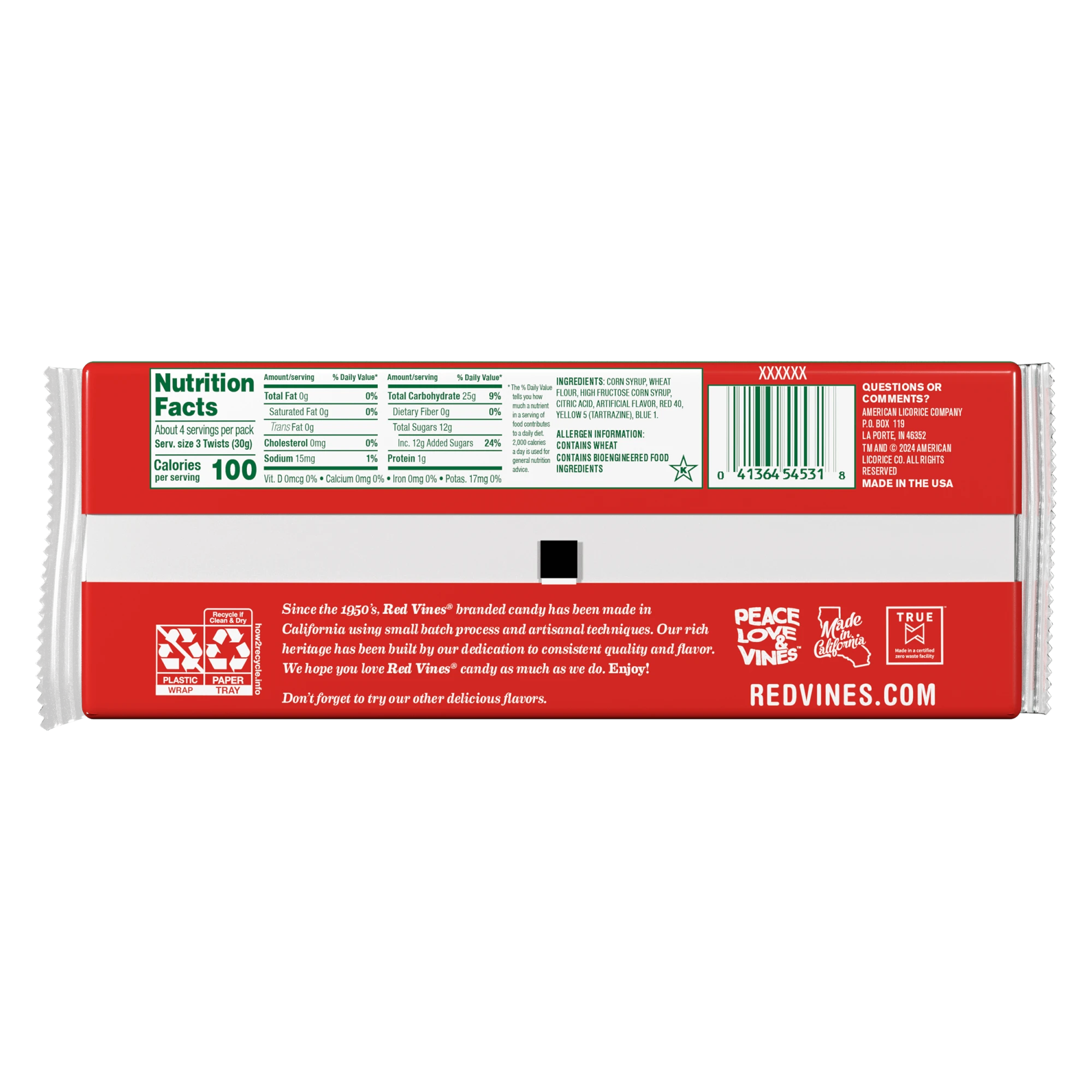 Back of RED VINES Original Red and Green Licorice Twists Christmas Candy 4oz Tray