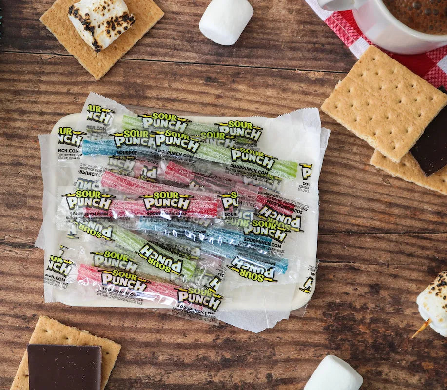 Sour Punch Twists, 3" Individually Wrapped Candy, Assorted Flavors, alongside s'mores supplies