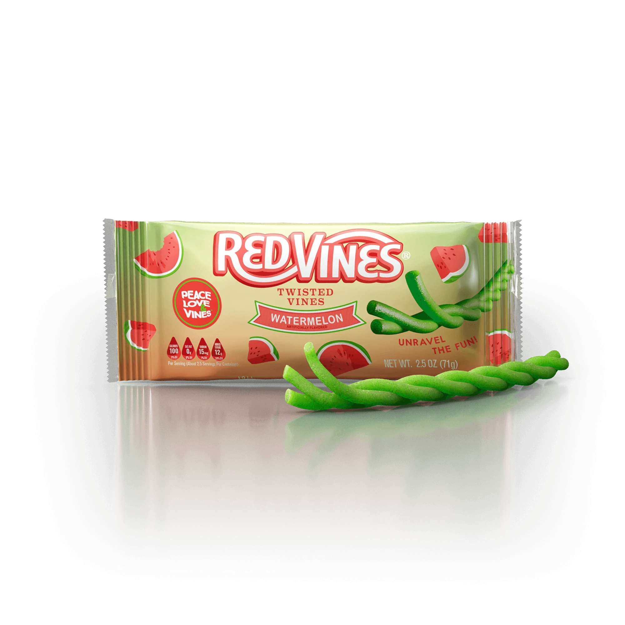 Red Vines Watermelon Twisted Vines 2.5oz Bag with raw watermelon licorice piece in front