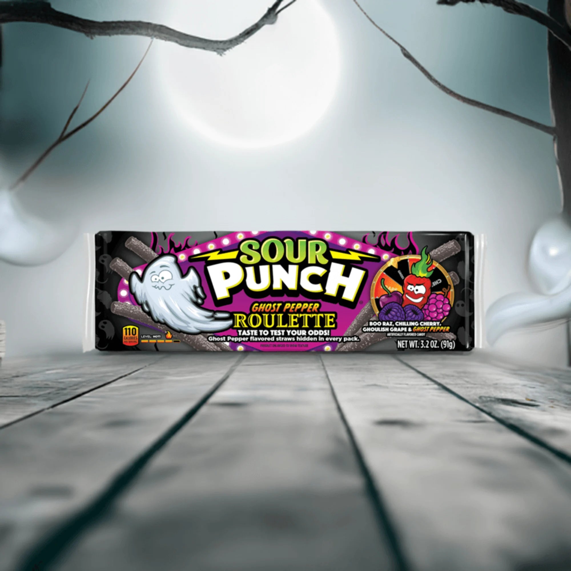 Sour Punch Ghost Pepper Roulette Novelty candy Tray with the moon and spooky trees