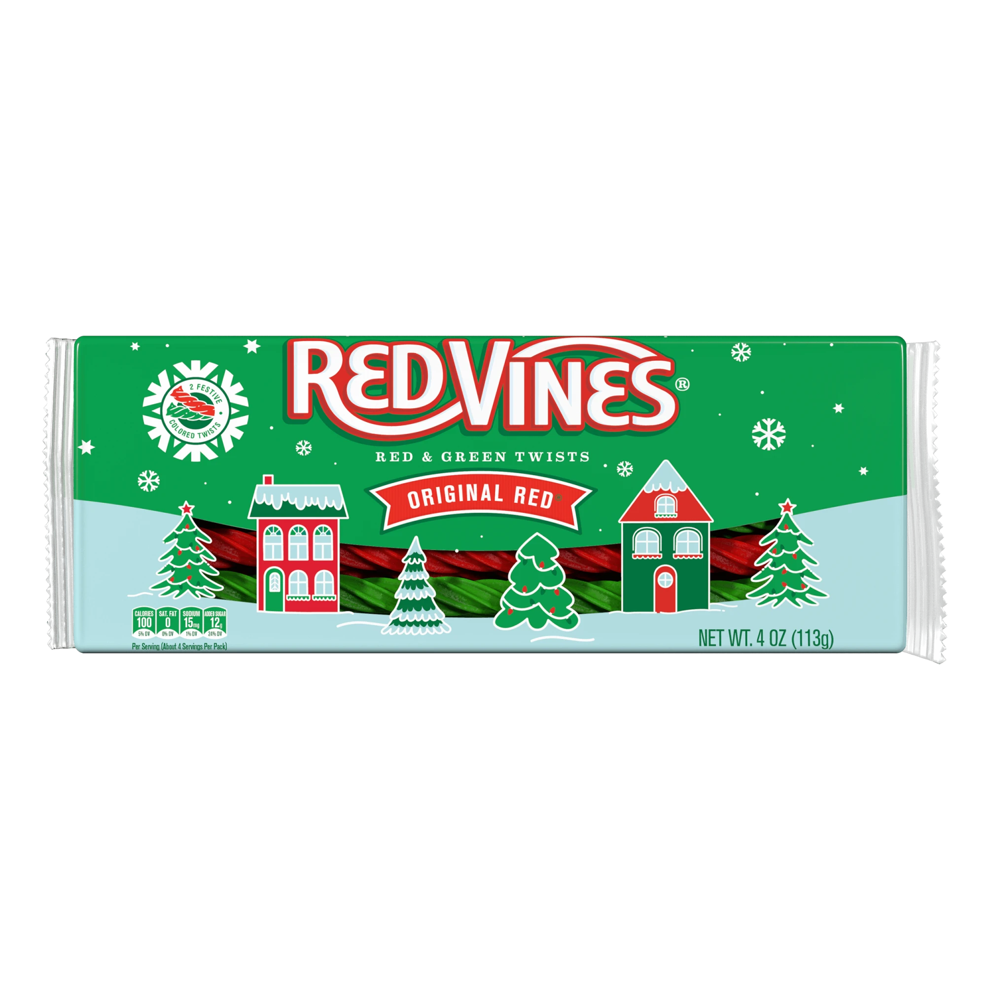 Front of RED VINES Original Red and Green Licorice Twists Christmas Candy 4oz Tray