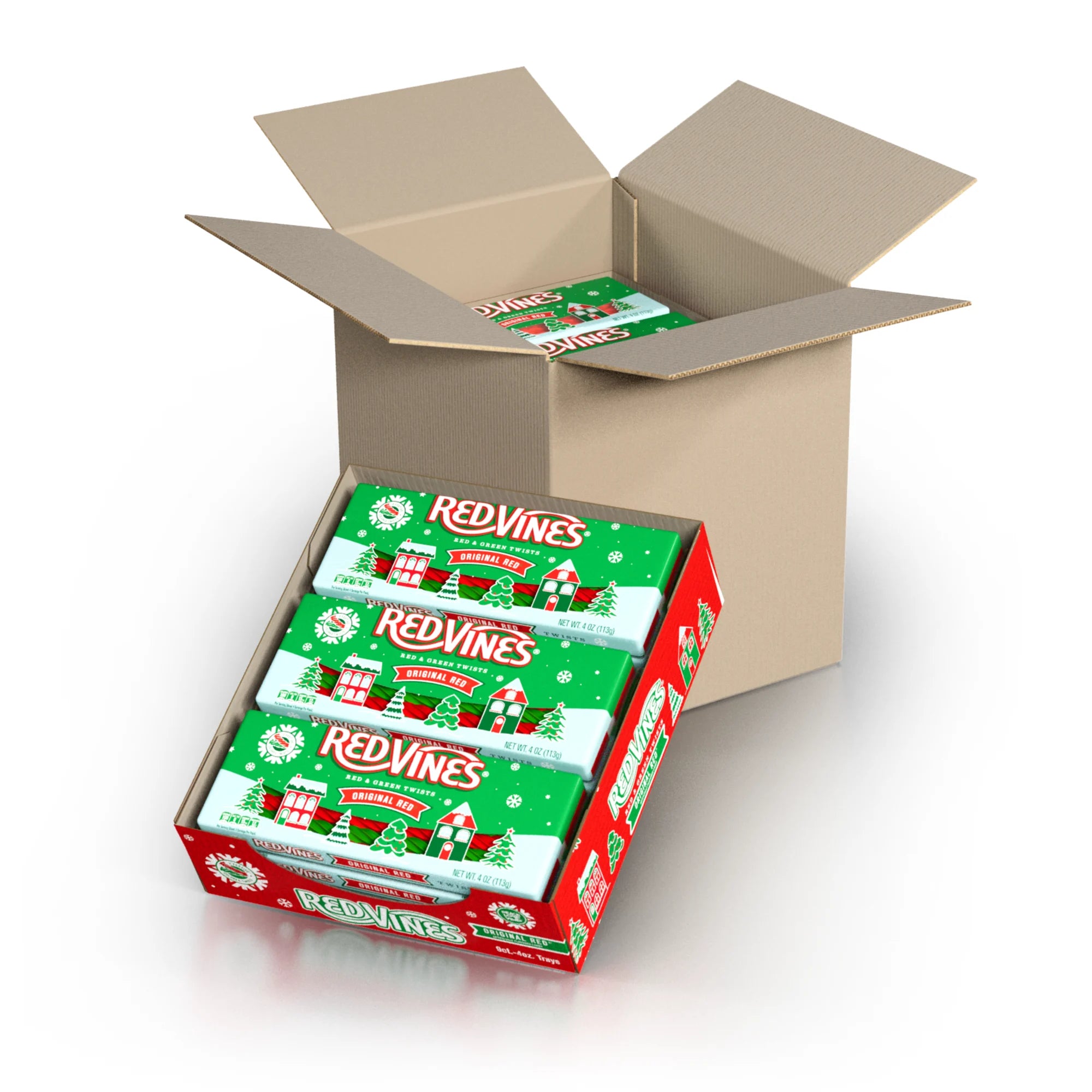 36-Pack (4 caddies, 9 trays per caddy) of Red Vines Original Red and Green Licorice Twists Christmas Candy 4oz Trays