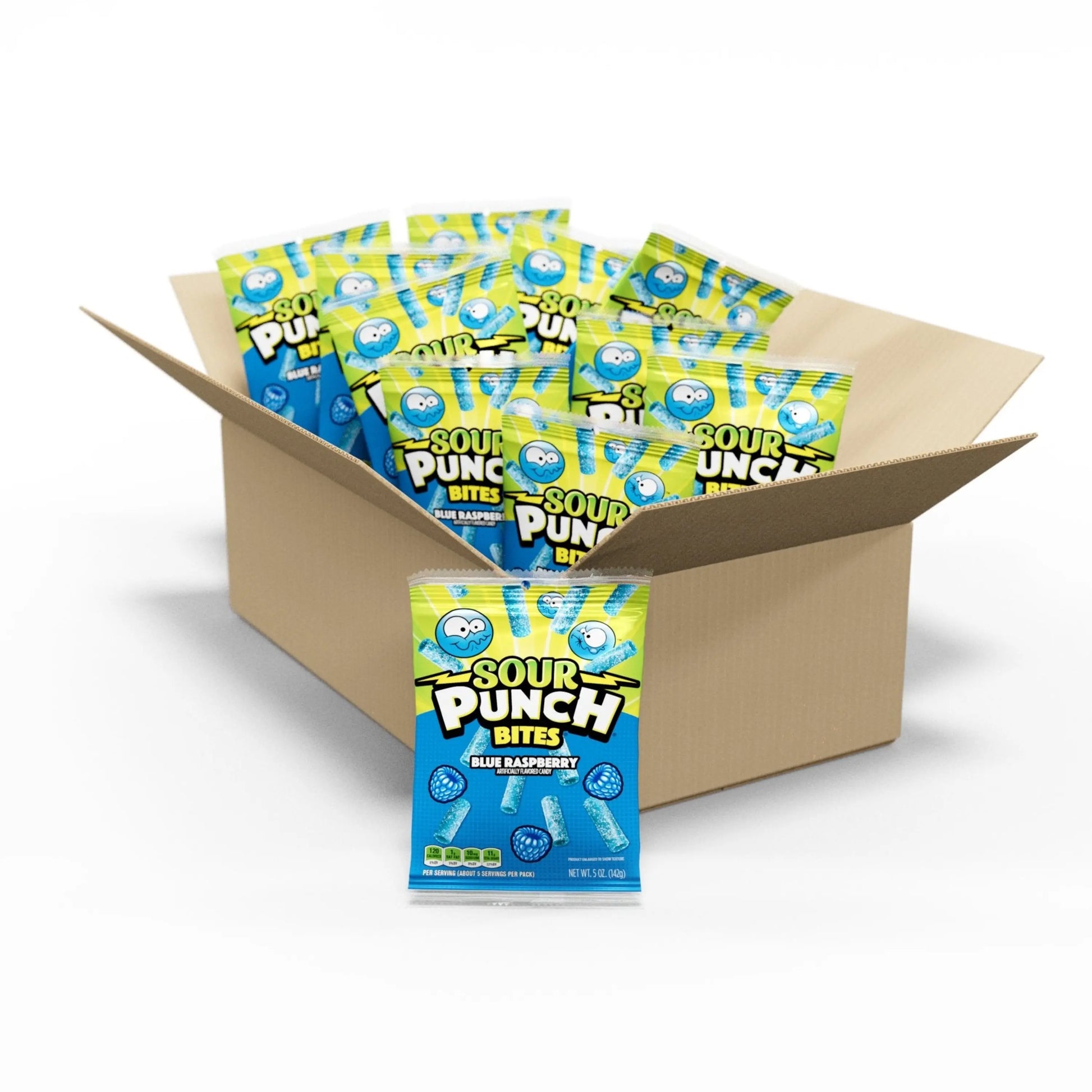 12 count box of Sour Punch Bites Blue Raspberry Candy 5oz bags