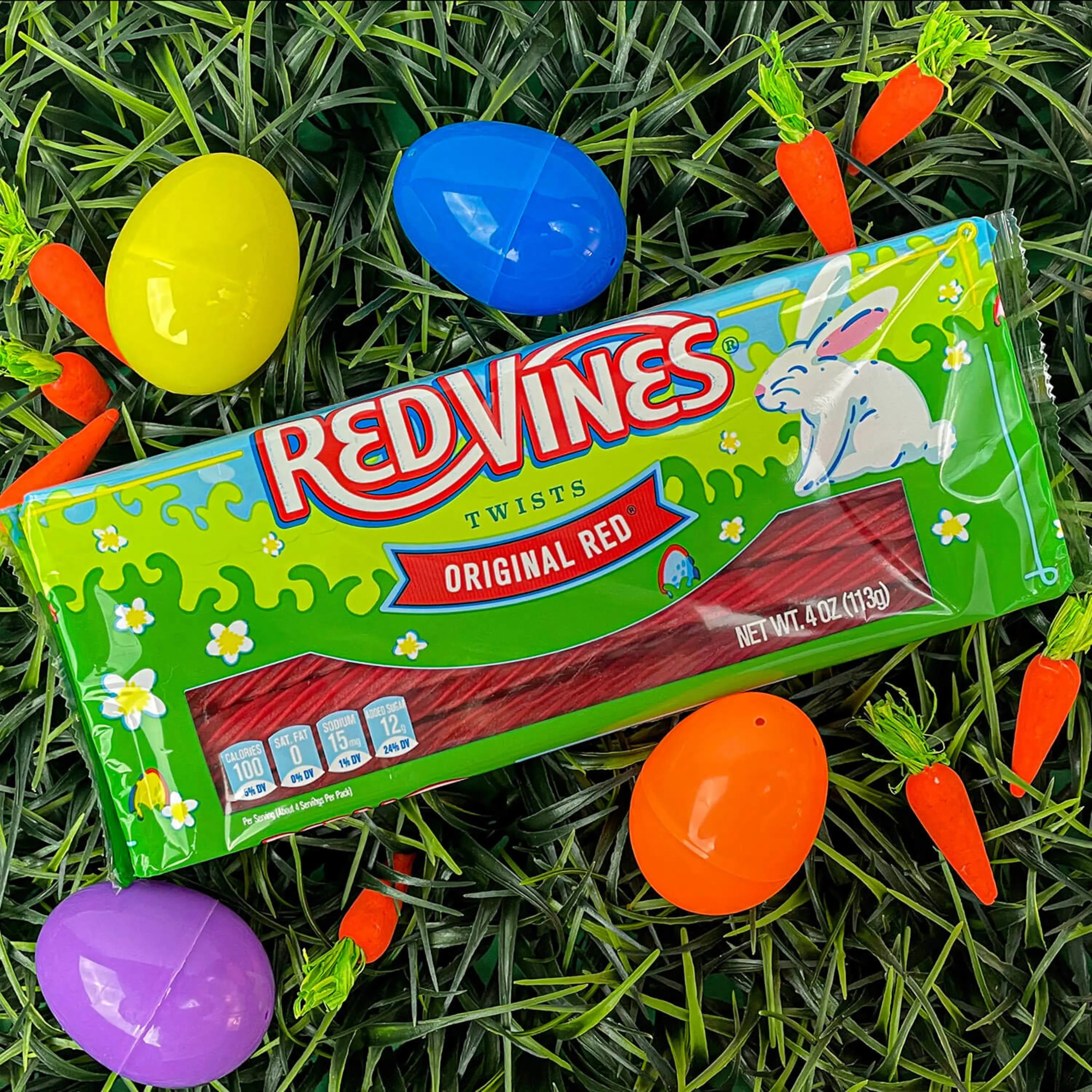RED VINES Easter tray with plastic eggs in grass