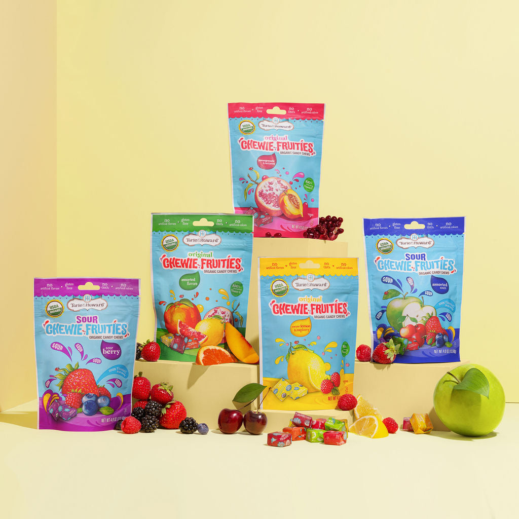 Torie & Howard Chewie Fruities Collection of Pomegranate & Nectarine, Sour Berry, Meyer Lemon & Raspberry, Original Assorted and Sour Assorted 4oz bags