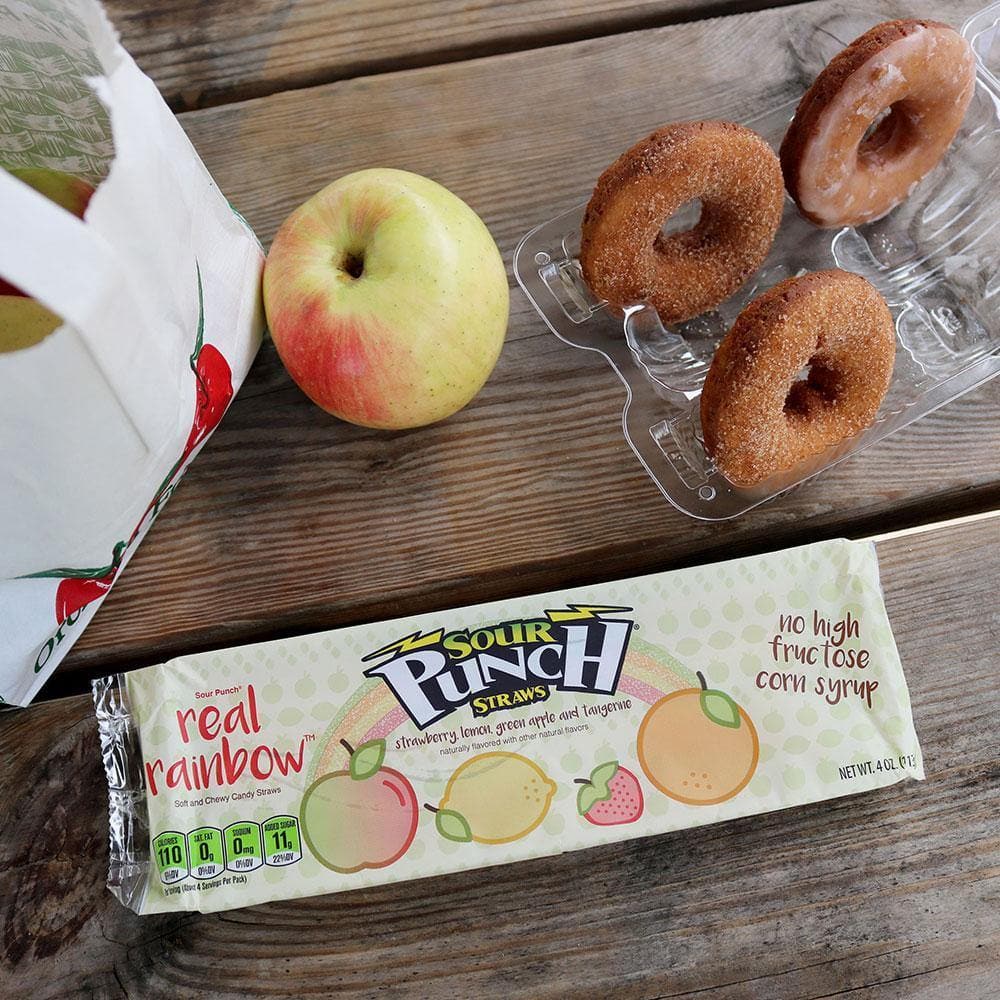 Sour Punch Straws, Real Rainbow, 4oz Tray, lifestyle image, candy tray on farm table with apples and donuts