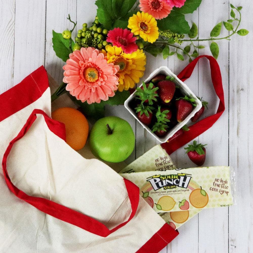 Sour Punch Straws, Real Rainbow, 4oz Tray, lifestyle image, candy tray in market tote bag with fresh fruit