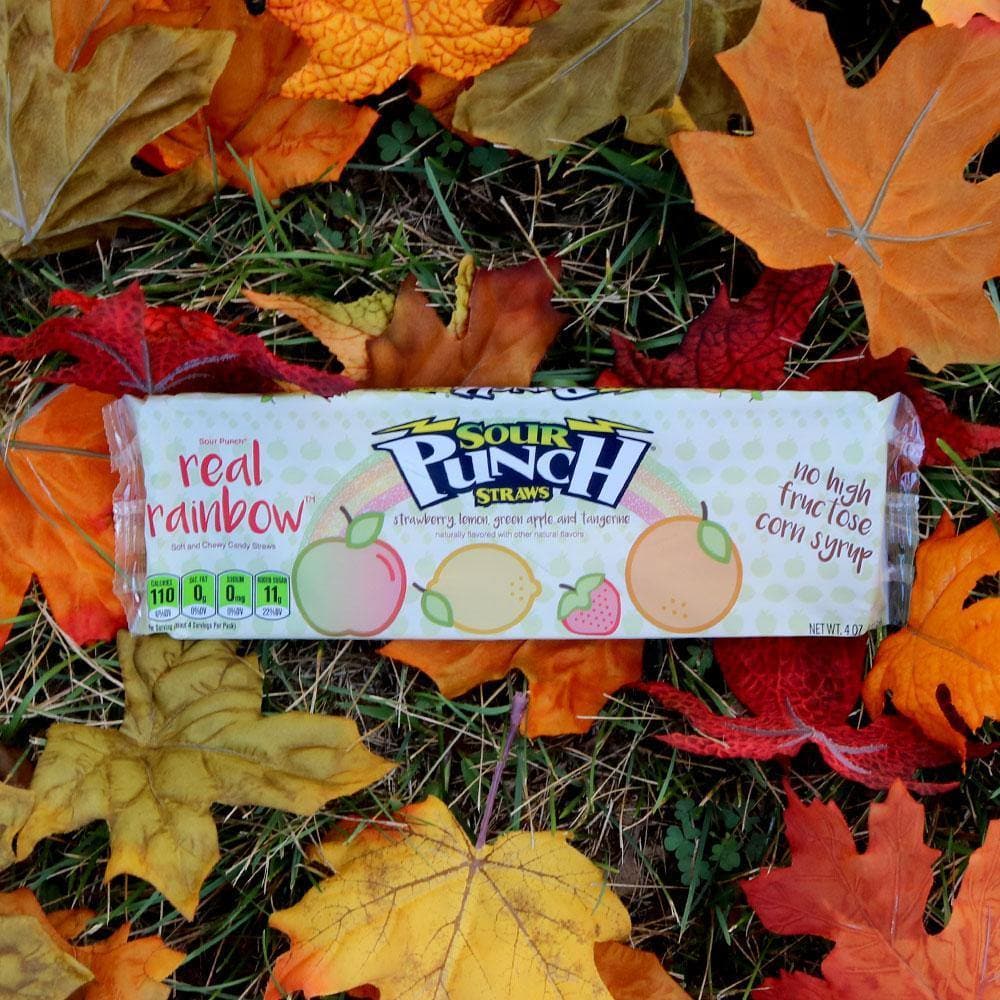 Sour Punch Straws, Real Rainbow, 4oz Tray, lifestyle image, candy tray in autumn leaves