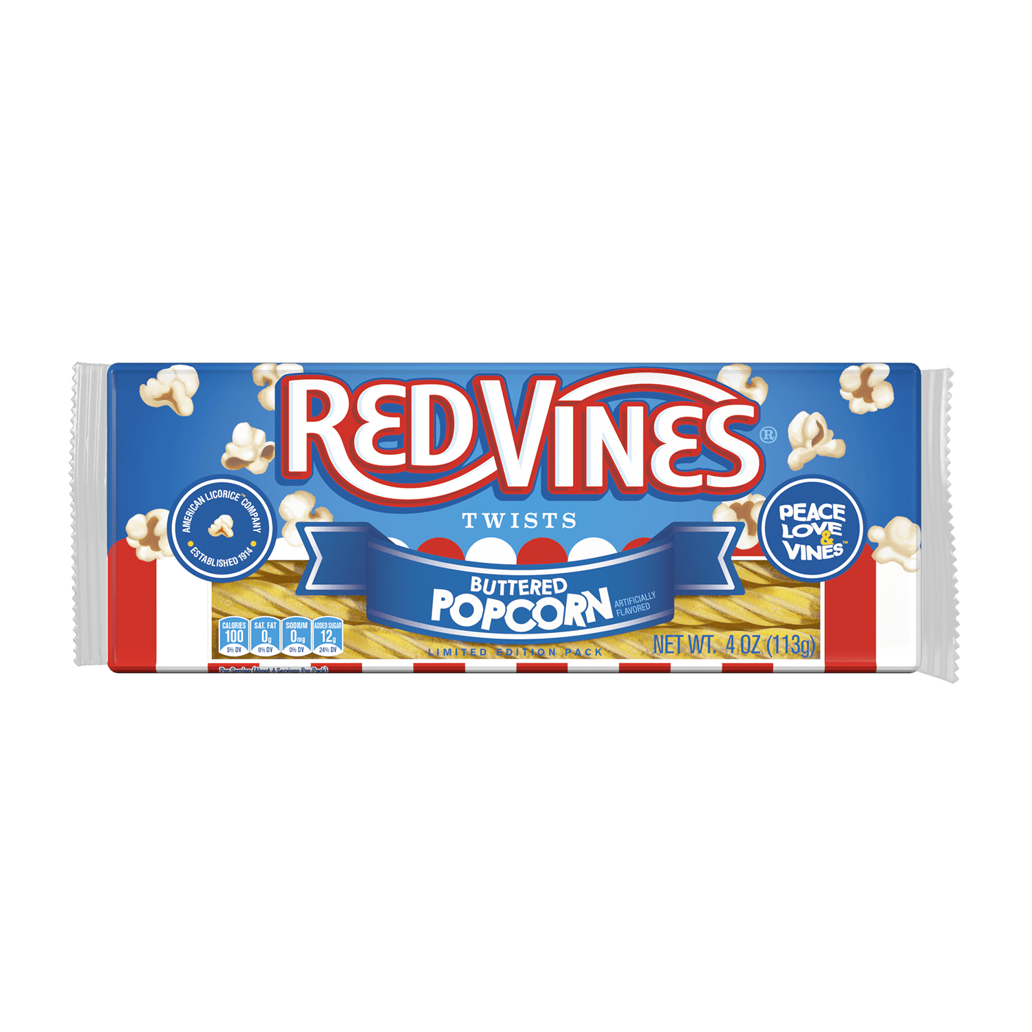 Front of RED VINES Buttered Popcorn Twists Popcorn Candy Tray