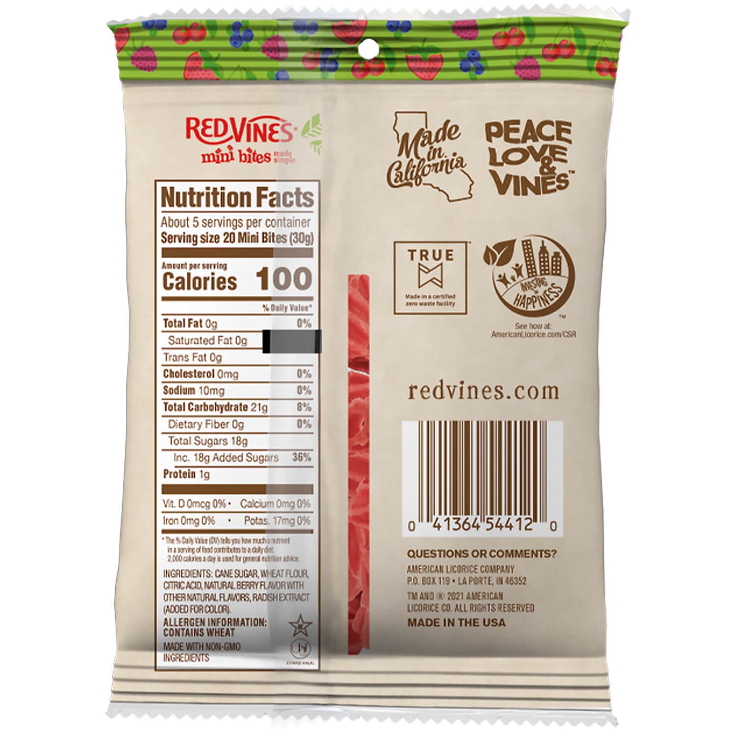 Back of RED VINES Made Simple Mixed Berry Bites 4.8oz Bag