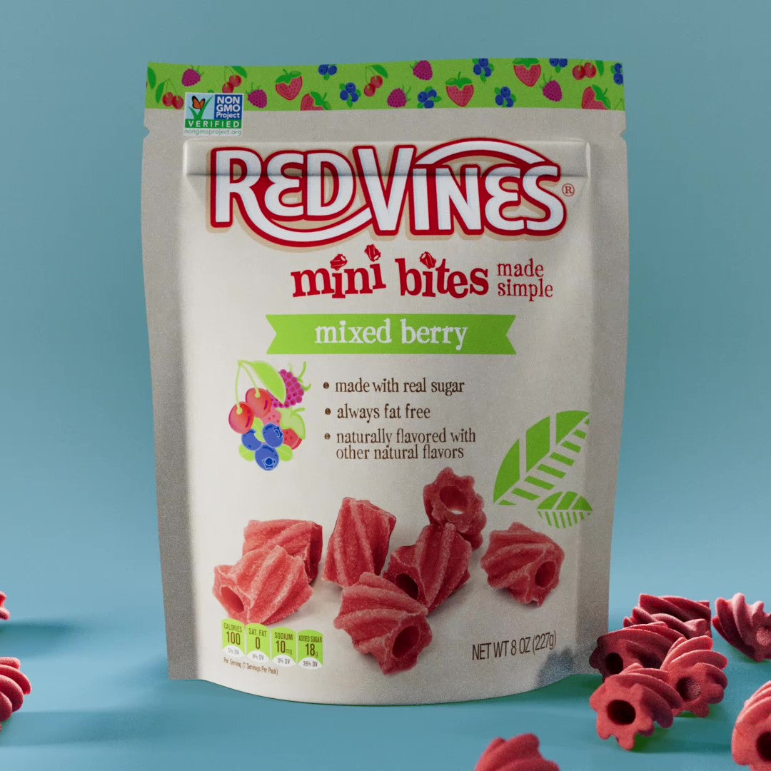 Animation of RED VINES Made Simple Mixed Berry Bites 8oz Bag bursting into fruit and back
