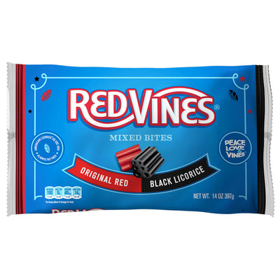 RED VINES Original Red Licorice & Black Licorice Mixed Bites front of 14oz bag