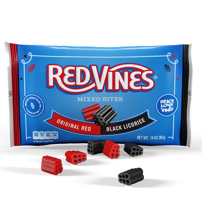 RED VINES Original Red Licorice & Black Licorice Mixed Bites front of 14oz bag with licorice bites in front