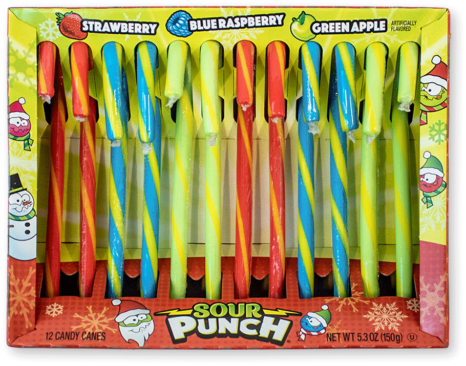 Sour Punch Candy Canes - 4 Strawberry, 4 Blue Raspberry, 4 Green Apple