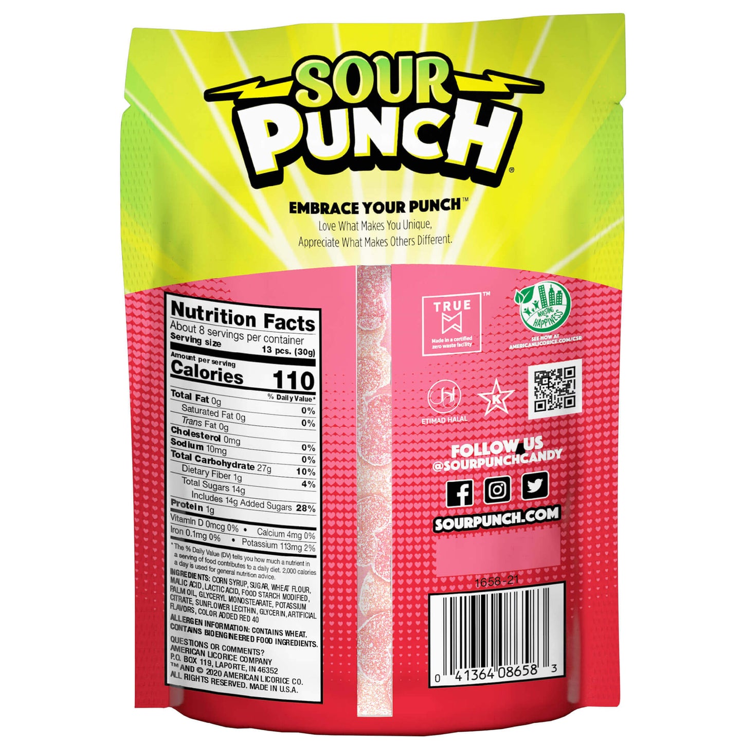 Back of SOUR PUNCH Valentine's Day Candy Hearts 8oz Bag