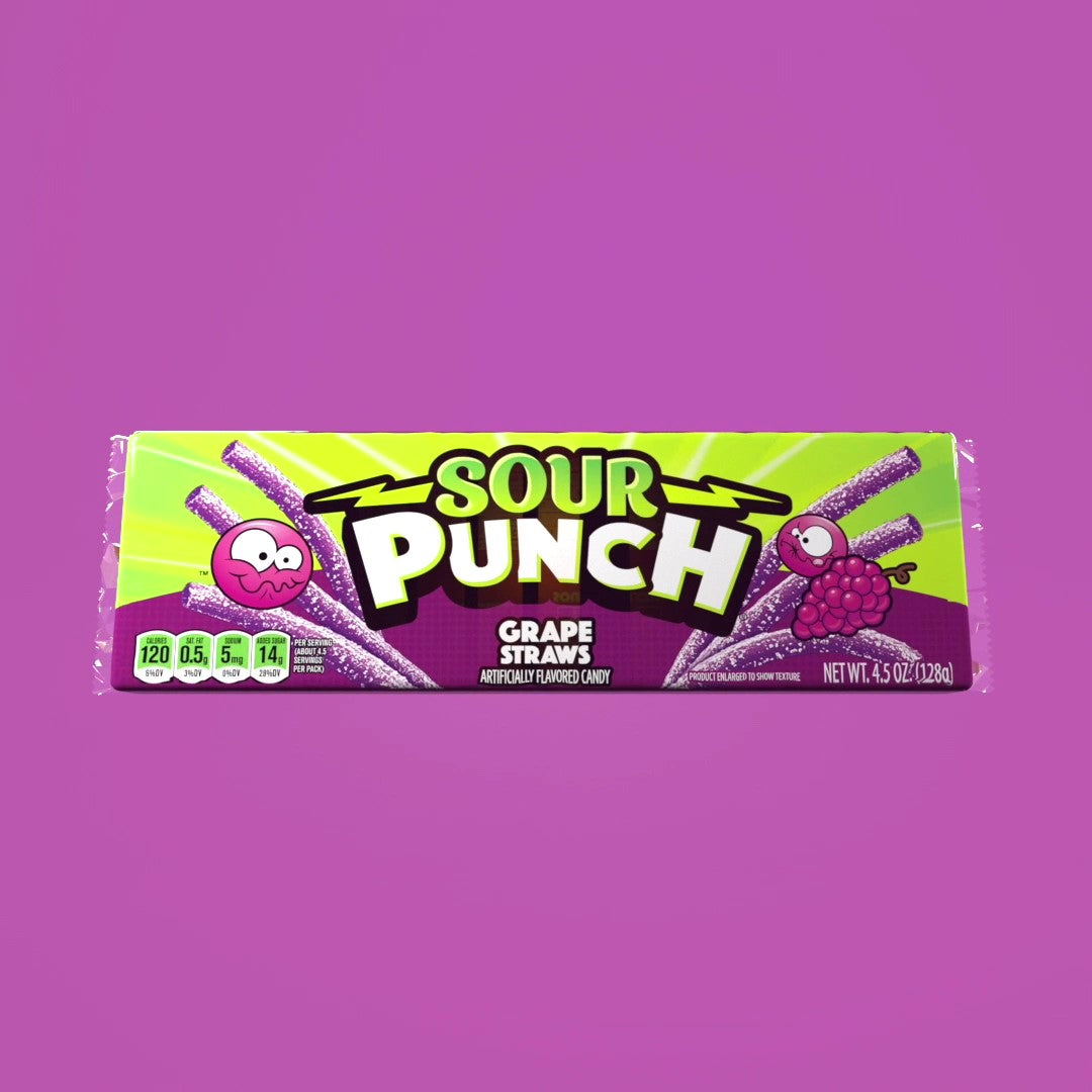 Animation of Sour Punch Grape Straws 4.5oz Tray exploding into a bunch of grapes and back with music in the background