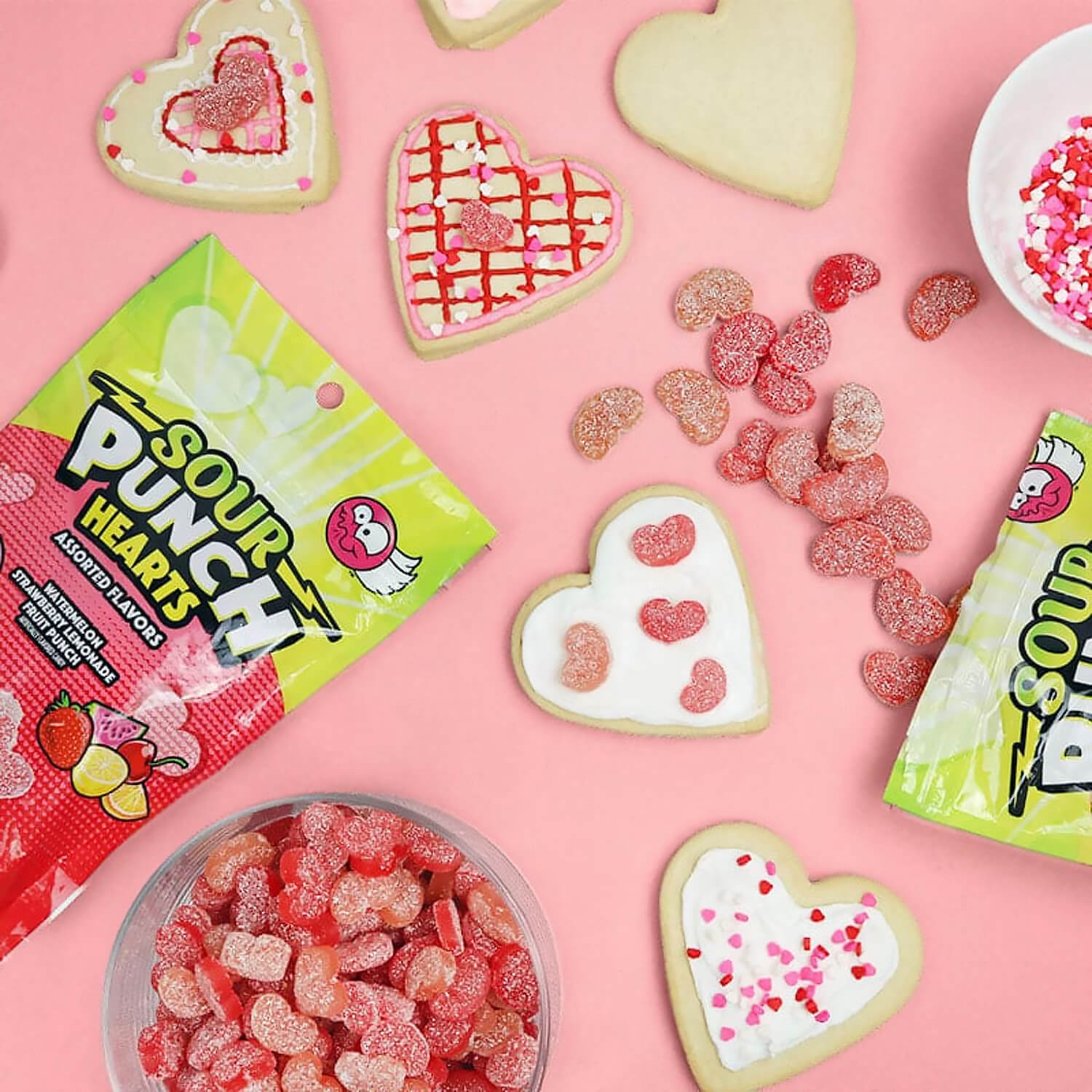 SOUR PUNCH Valentine's Day Candy Hearts with decorated cookies