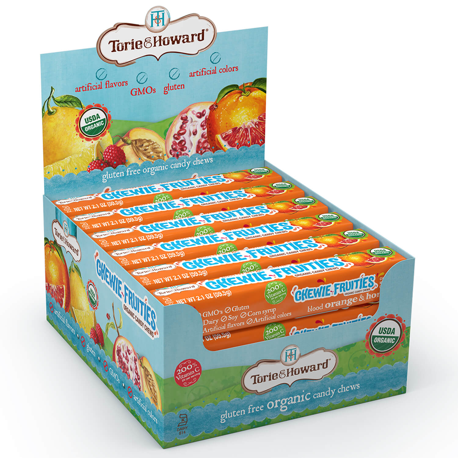 18 count caddy of Torie & Howard Chewie Fruities Blood Orange & Honey Candy 2.1oz Stick packs